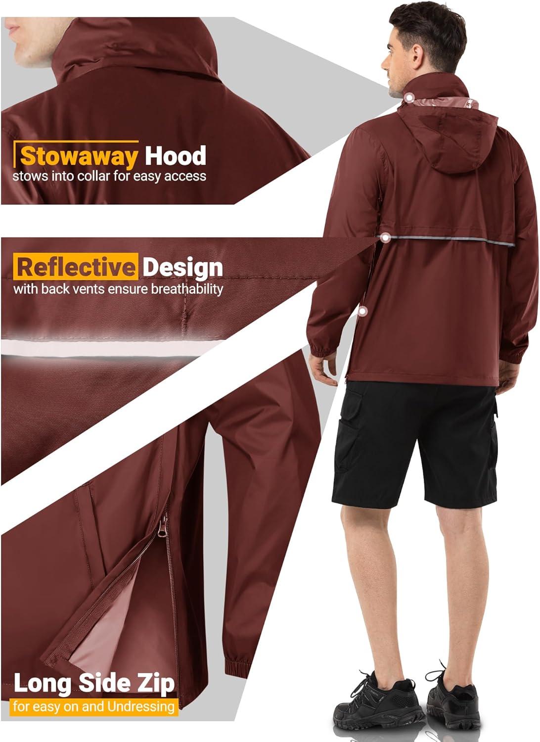 Outdoor Ventures Men’s Rain Jacket Waterproof Lightweight Packable Rain Pullover for Hiking Golf Running(Dark Red)