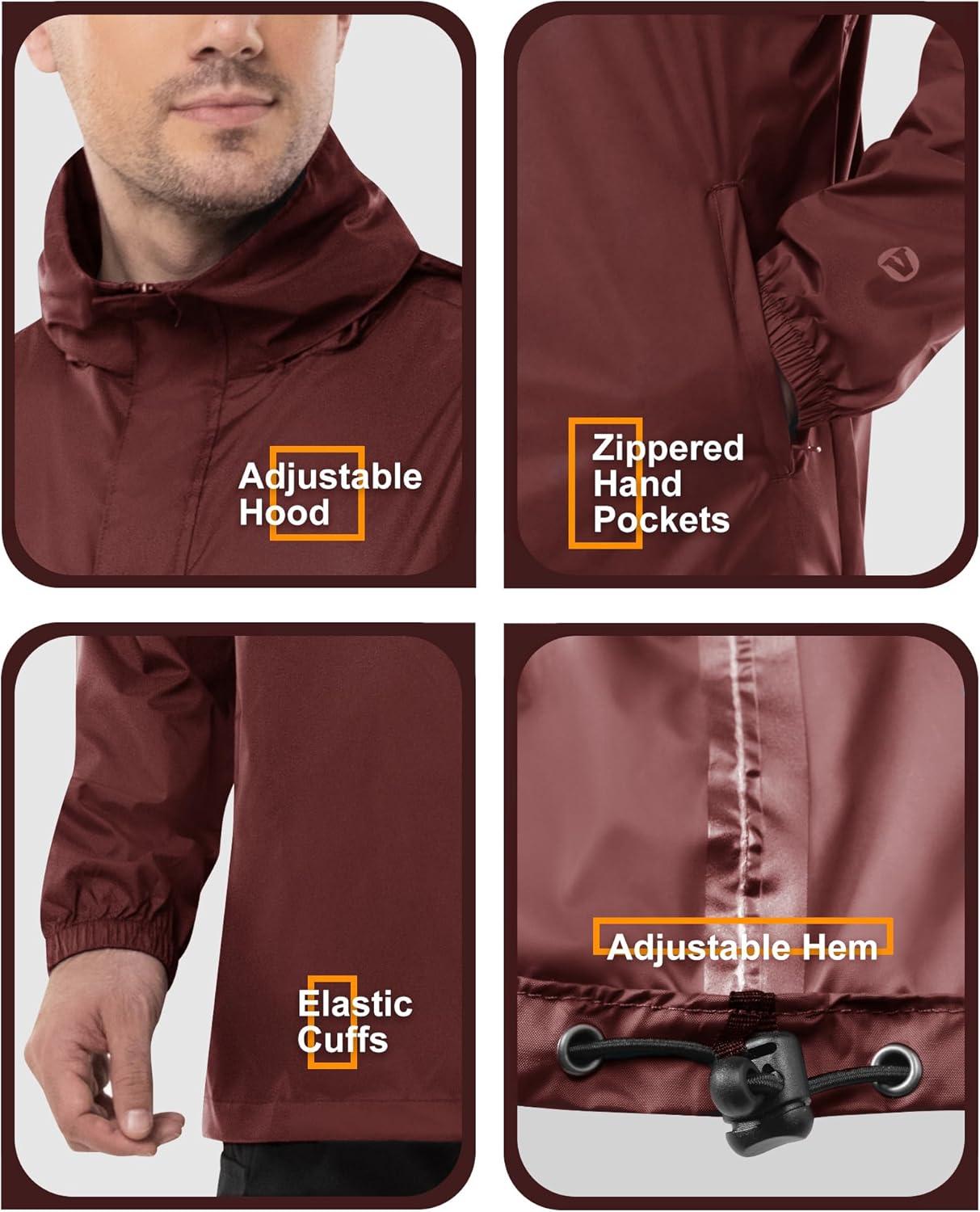Outdoor Ventures Men’s Rain Jacket Waterproof Lightweight Packable Rain Pullover for Hiking Golf Running(Dark Red)