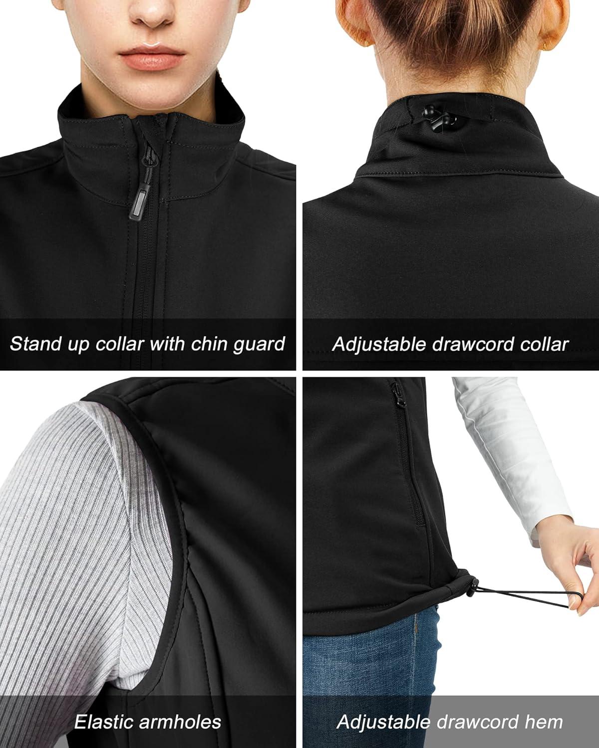 Outdoor Ventures Women’s Lightweight Softshell Vest Windproof Fleece Lined Zip Up Sleeveless Jacket for Running Hiking Golf(Black-1)