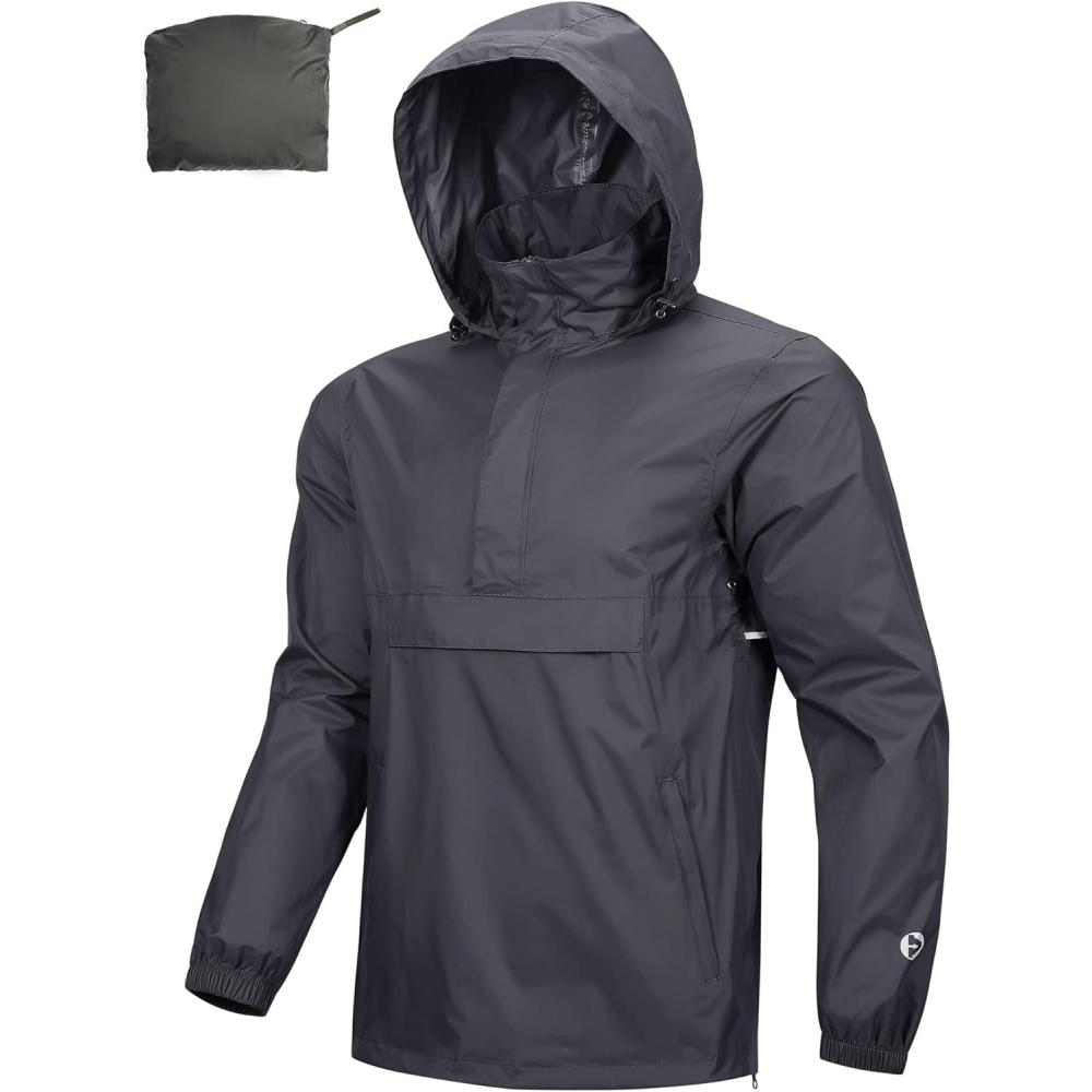 Outdoor Ventures Men’s Rain Jacket Waterproof Lightweight Packable Rain Pullover for Hiking Golf Running(Mid Grey)