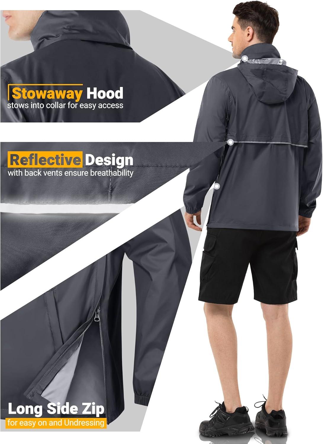 Outdoor Ventures Men’s Rain Jacket Waterproof Lightweight Packable Rain Pullover for Hiking Golf Running(Mid Grey)