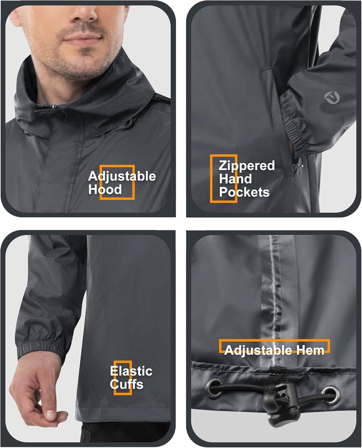 Outdoor Ventures Men’s Rain Jacket Waterproof Lightweight Packable Rain Pullover for Hiking Golf Running(Mid Grey)