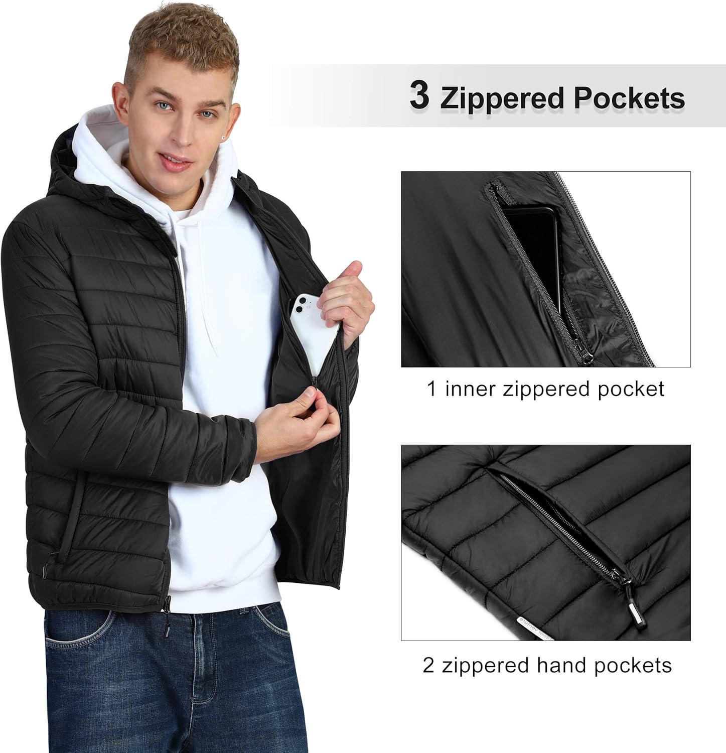Outdoor Ventures Men’s Lightweight Packable Hooded Puffer Jacket Insulated Winter Coat for Snow Ski Traveling(New Black(fold in Bag))