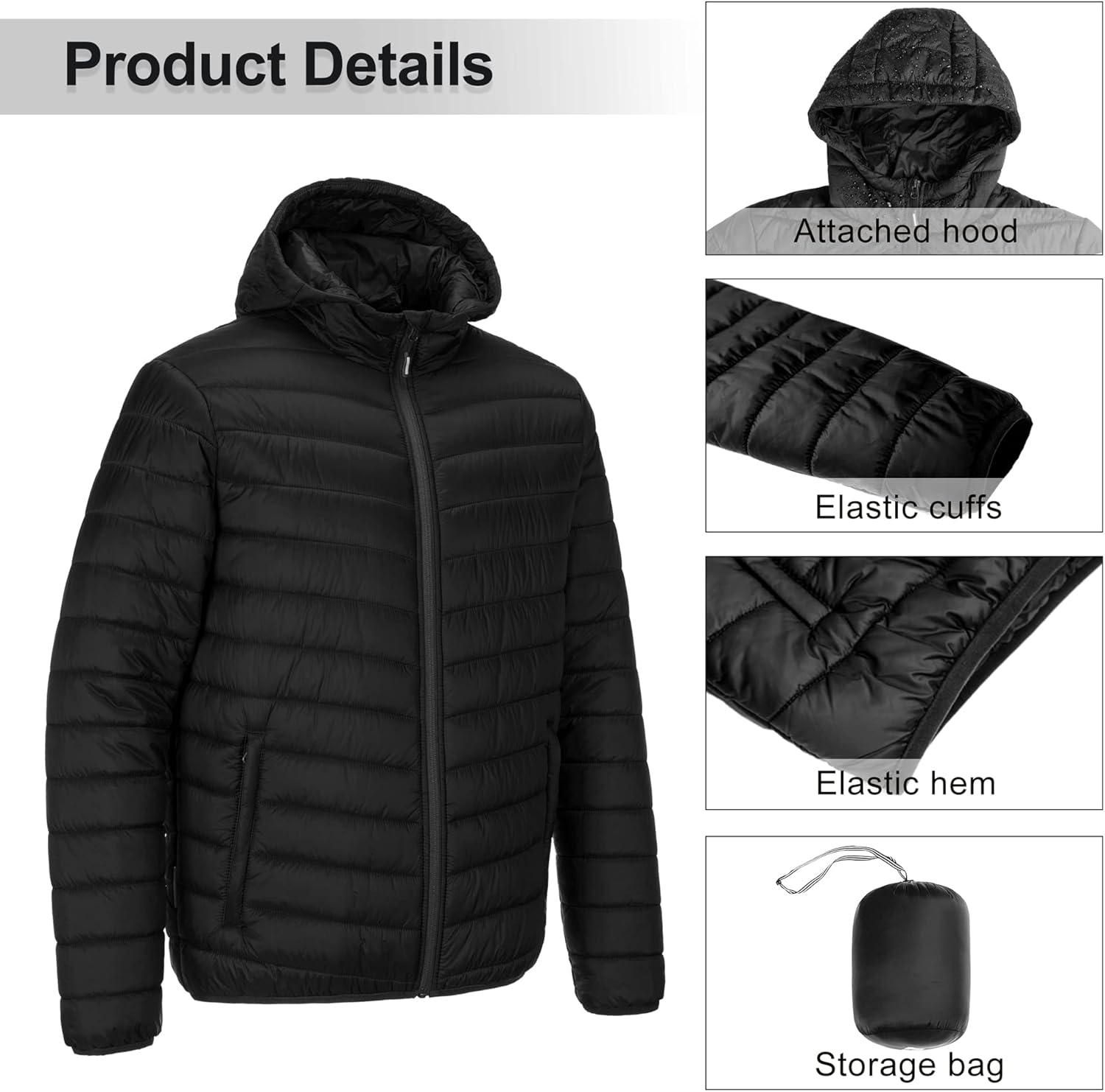 Outdoor Ventures Men’s Lightweight Packable Hooded Puffer Jacket Insulated Winter Coat for Snow Ski Traveling(New Black(fold in Bag))