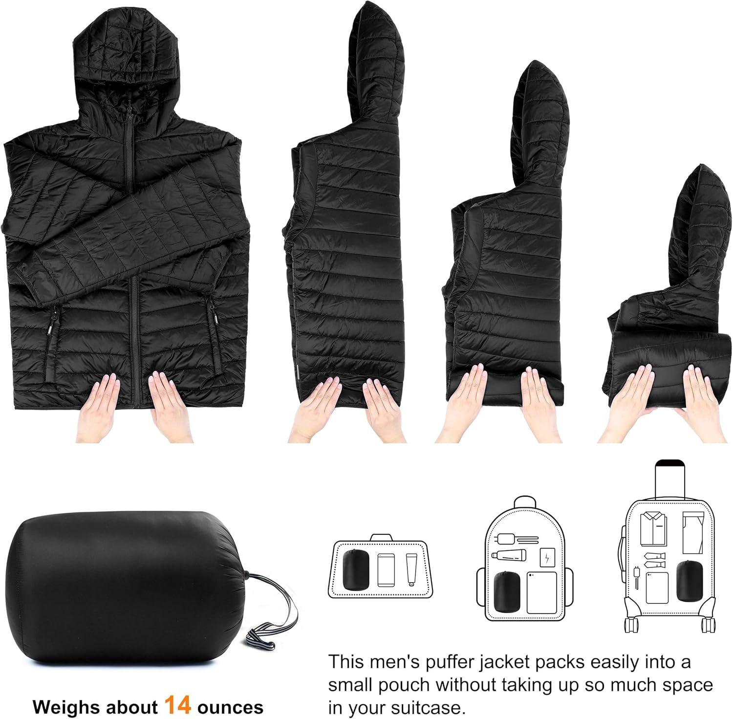 Outdoor Ventures Men’s Lightweight Packable Hooded Puffer Jacket Insulated Winter Coat for Snow Ski Traveling(New Black(fold in Bag))