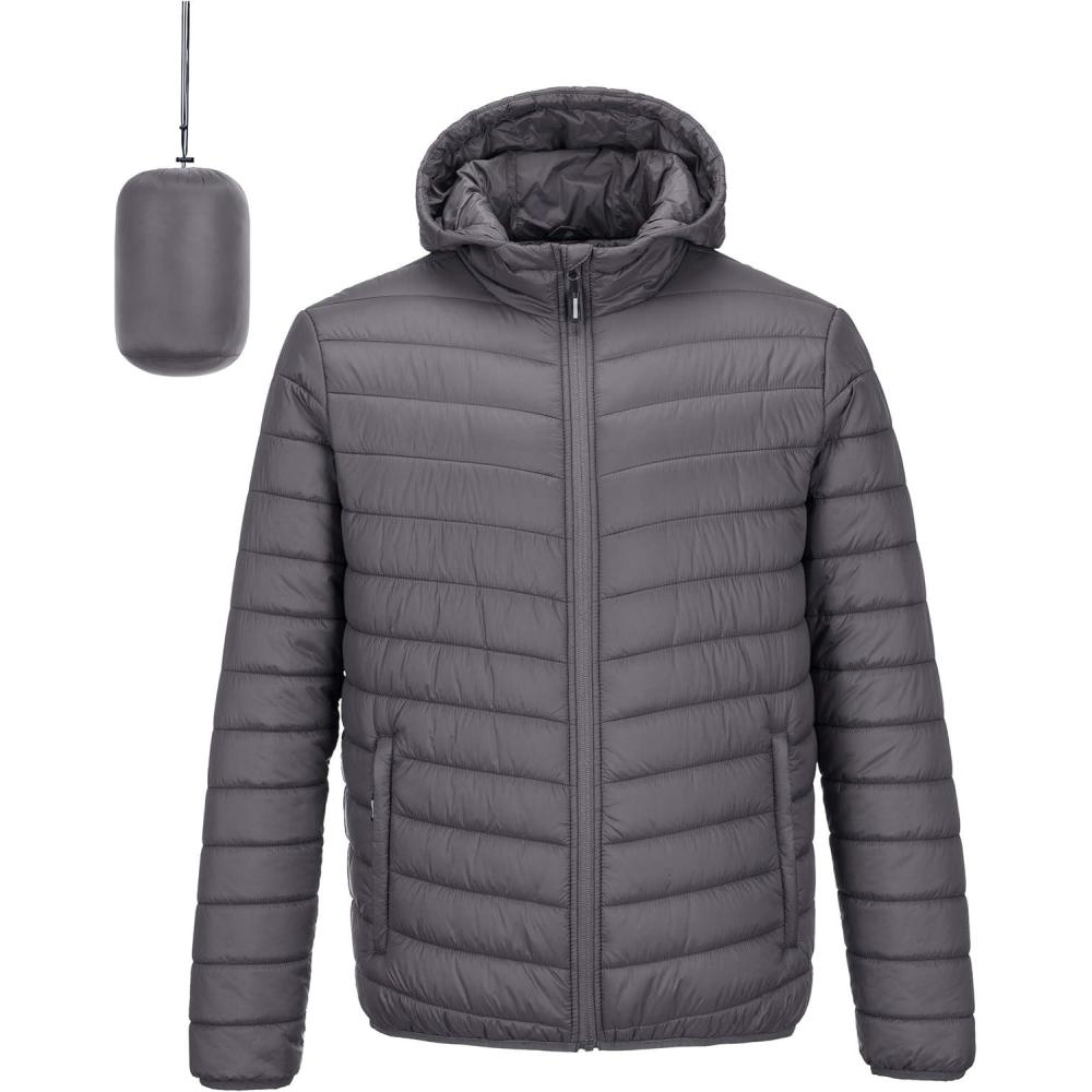 Outdoor Ventures Men’s Lightweight Packable Hooded Puffer Jacket Insulated Winter Coat for Snow Ski Traveling(Grey(fold in Bag))