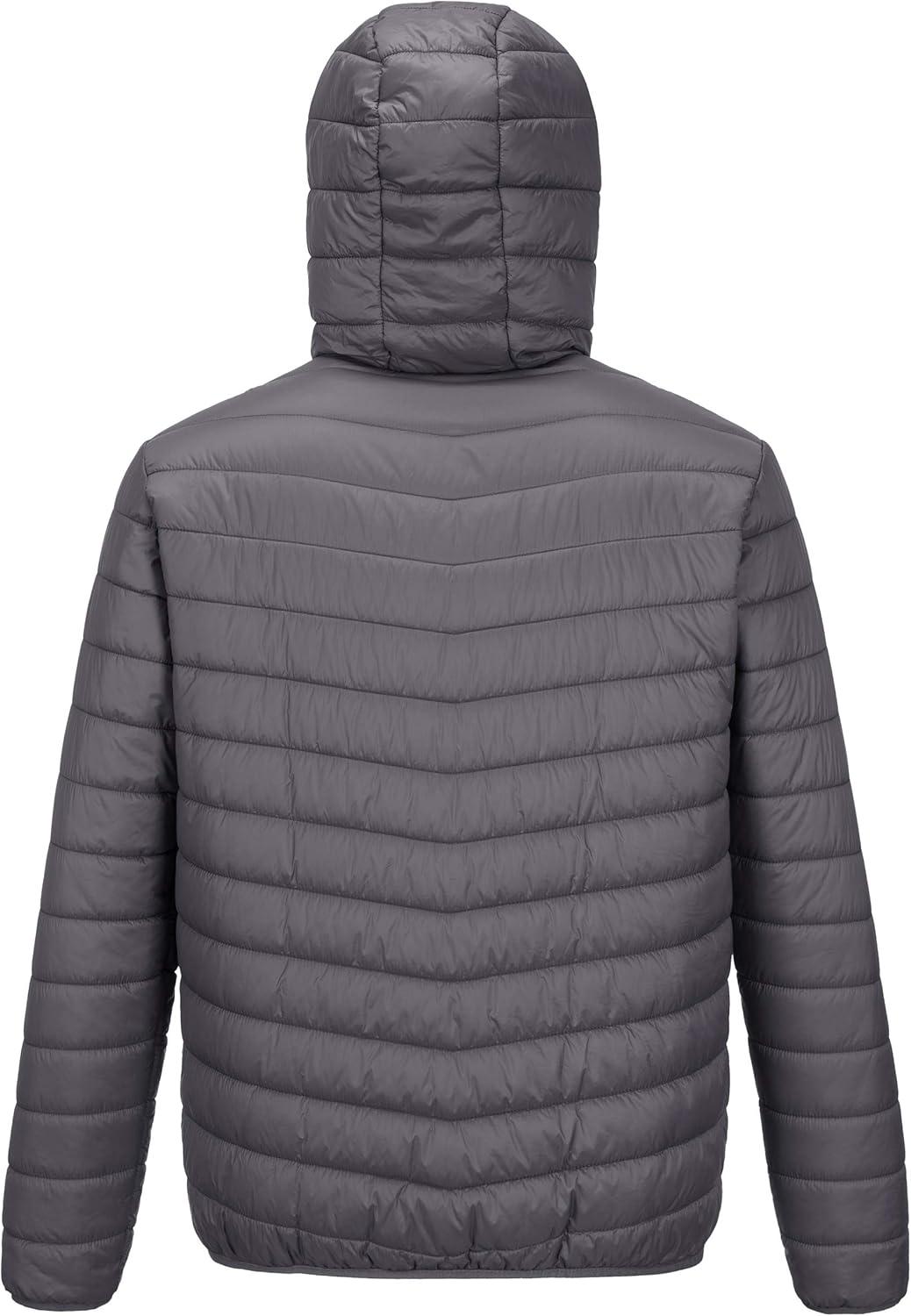 Outdoor Ventures Men’s Lightweight Packable Hooded Puffer Jacket Insulated Winter Coat for Snow Ski Traveling(Grey(fold in Bag))