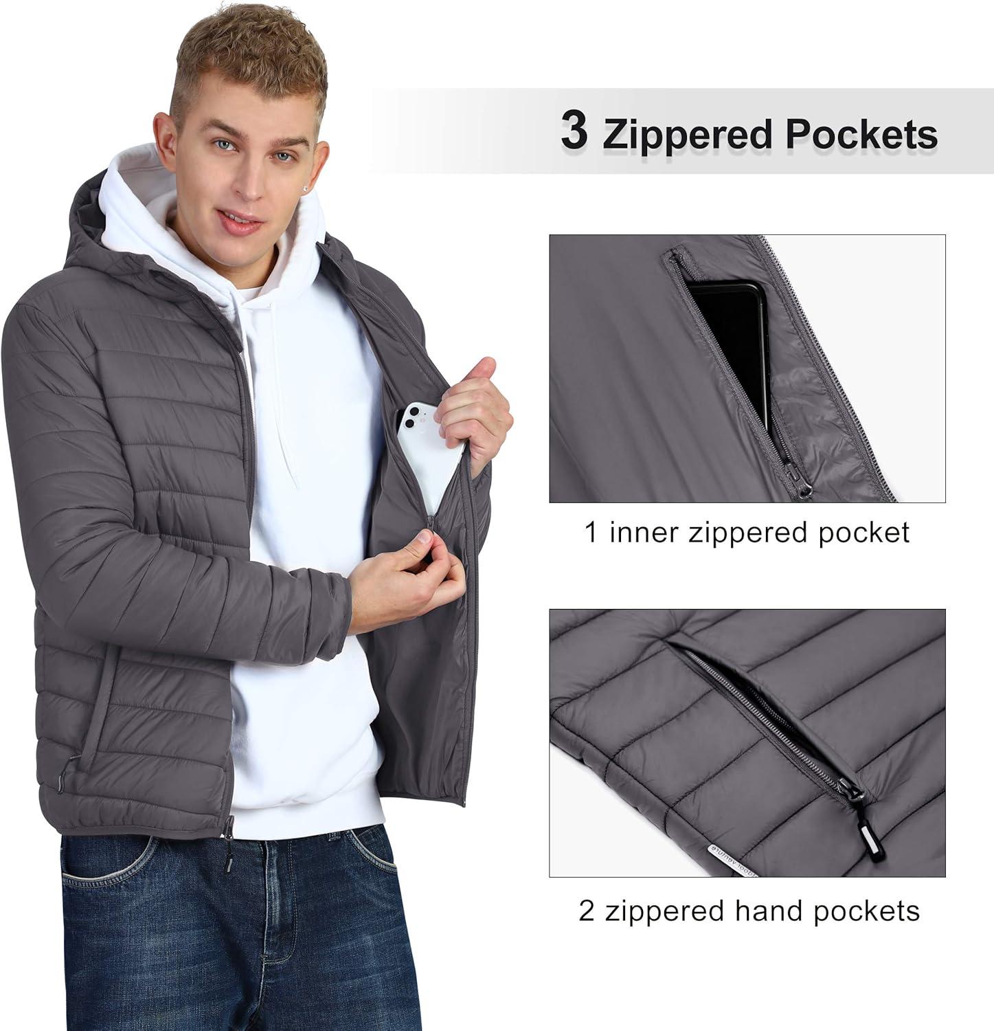 Outdoor Ventures Men’s Lightweight Packable Hooded Puffer Jacket Insulated Winter Coat for Snow Ski Traveling(Grey(fold in Bag))