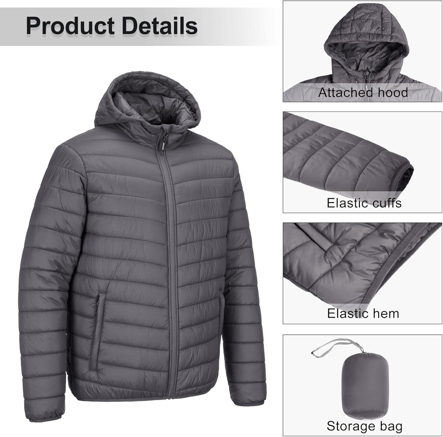 Outdoor Ventures Men’s Lightweight Packable Hooded Puffer Jacket Insulated Winter Coat for Snow Ski Traveling(Grey(fold in Bag))