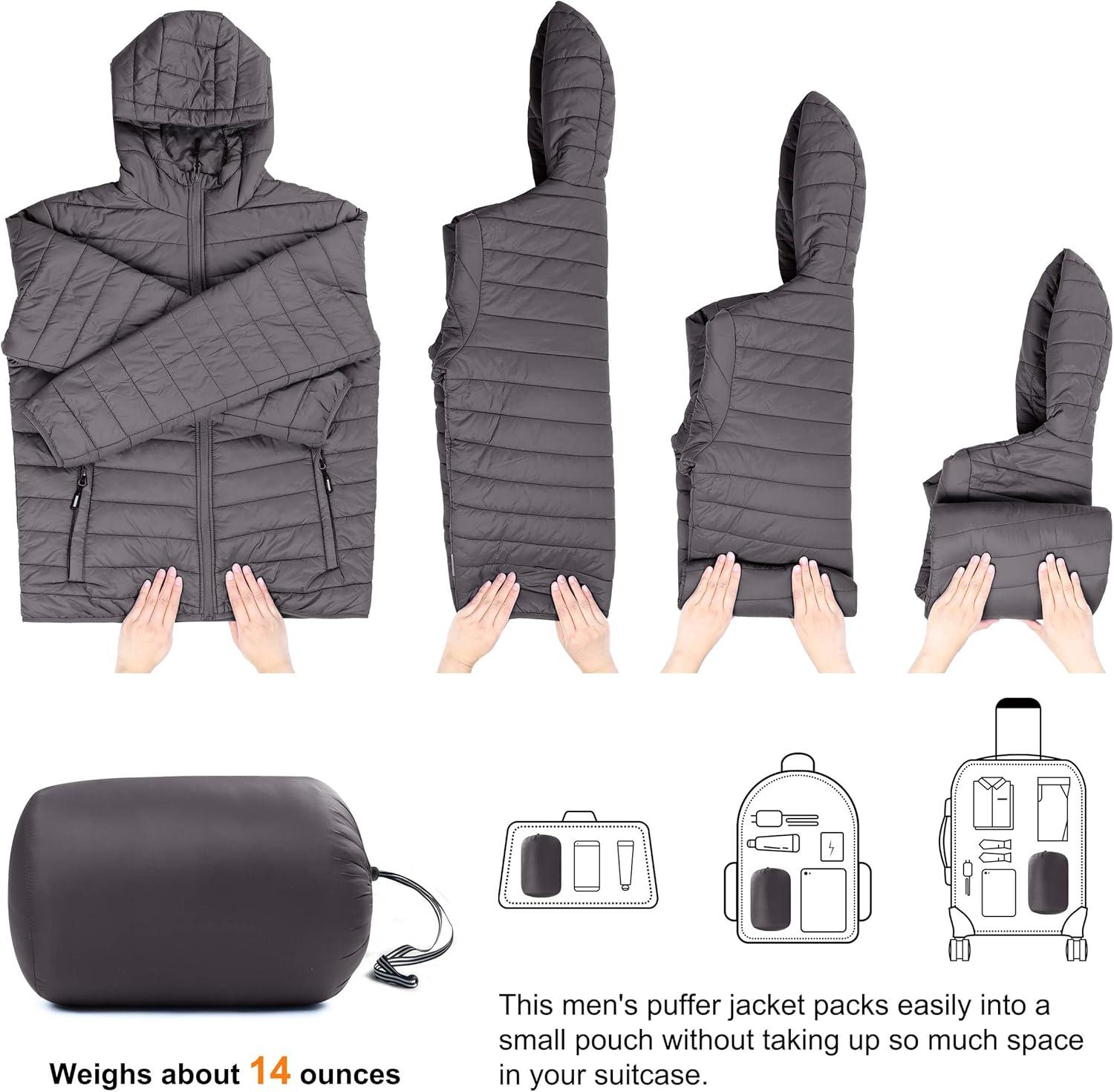 Outdoor Ventures Men’s Lightweight Packable Hooded Puffer Jacket Insulated Winter Coat for Snow Ski Traveling(Grey(fold in Bag))