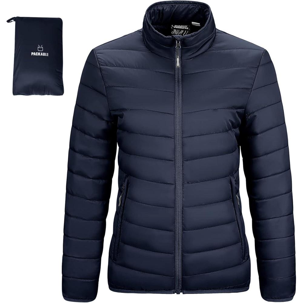 Outdoor Ventures Women’s Packable Full-Zip Short Puffer Jacket Insulated Quilted Warm Lightweight Winter Coat(Deep Blue(fold in Pocket))