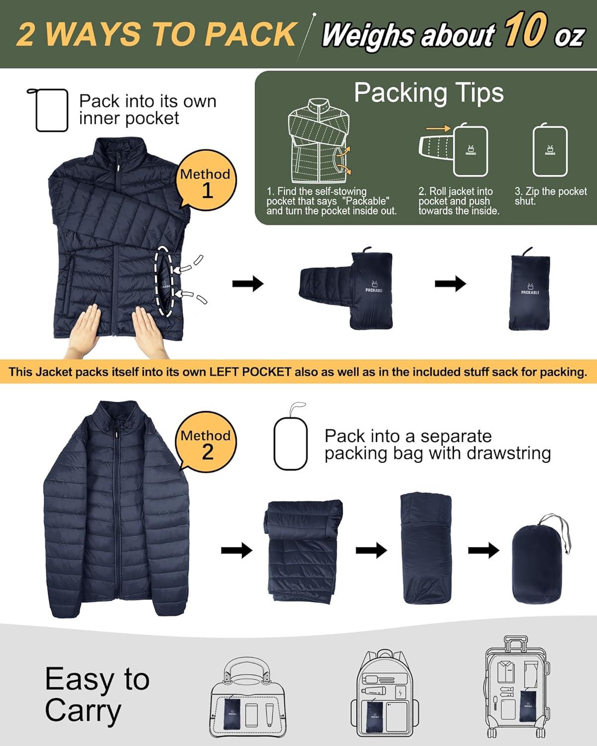 Outdoor Ventures Women’s Packable Full-Zip Short Puffer Jacket Insulated Quilted Warm Lightweight Winter Coat(Deep Blue(fold in Pocket))