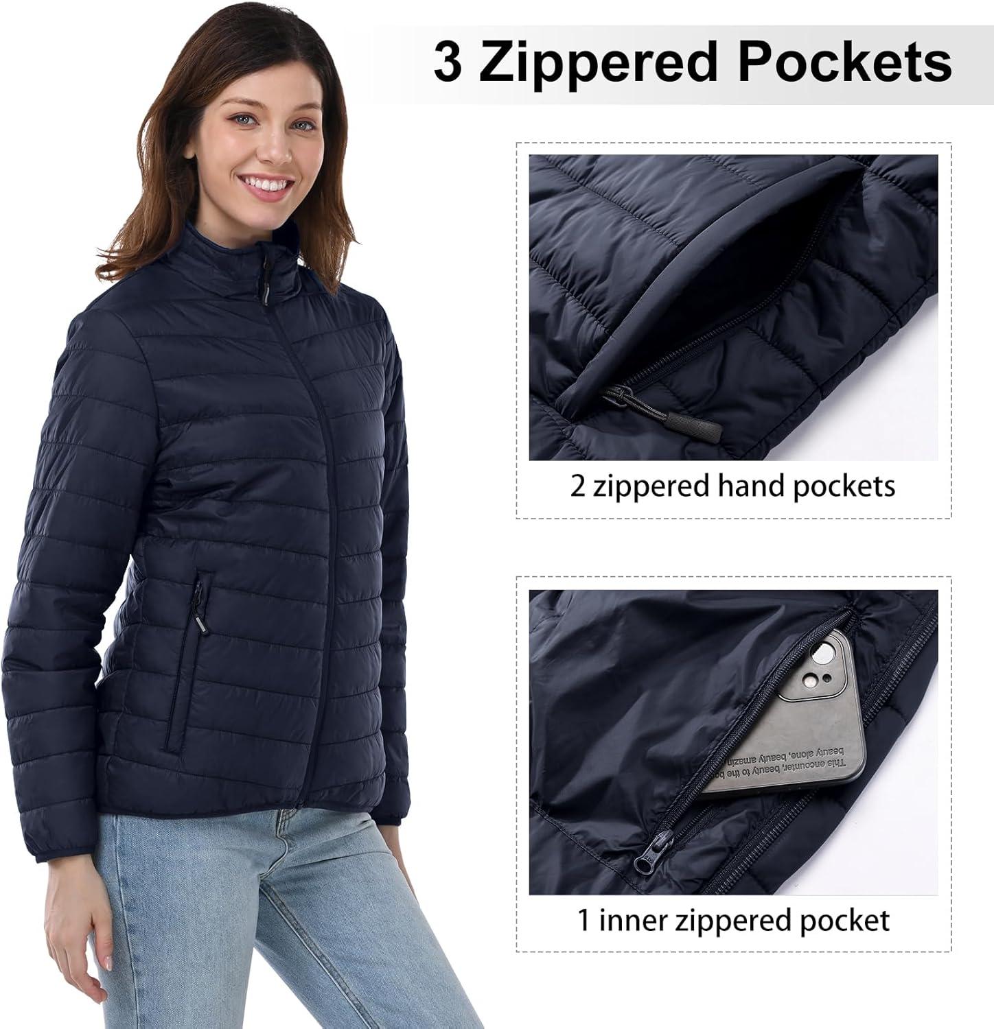 Outdoor Ventures Women’s Packable Full-Zip Short Puffer Jacket Insulated Quilted Warm Lightweight Winter Coat(Deep Blue(fold in Pocket))