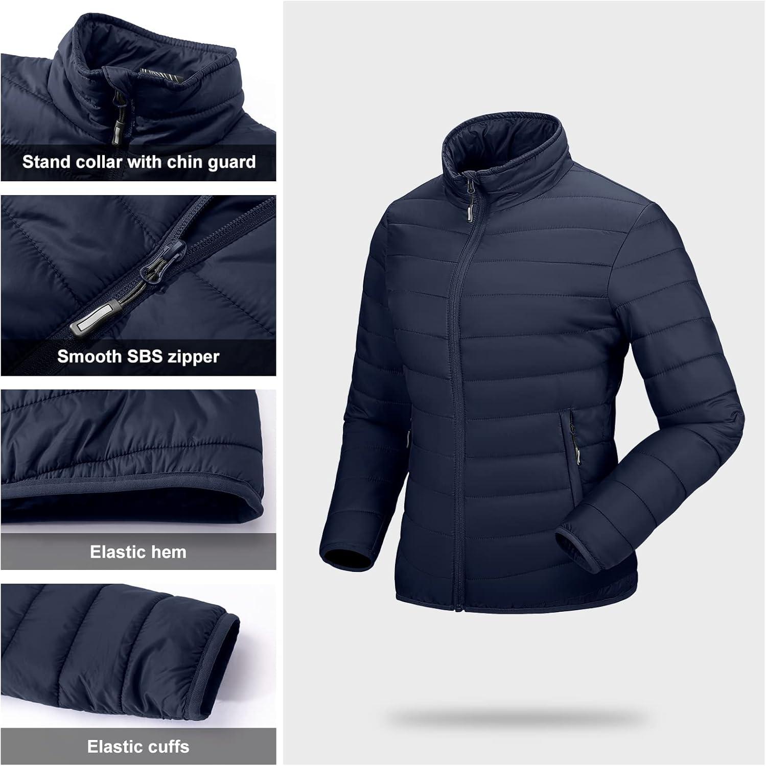 Outdoor Ventures Women’s Packable Full-Zip Short Puffer Jacket Insulated Quilted Warm Lightweight Winter Coat(Deep Blue(fold in Pocket))