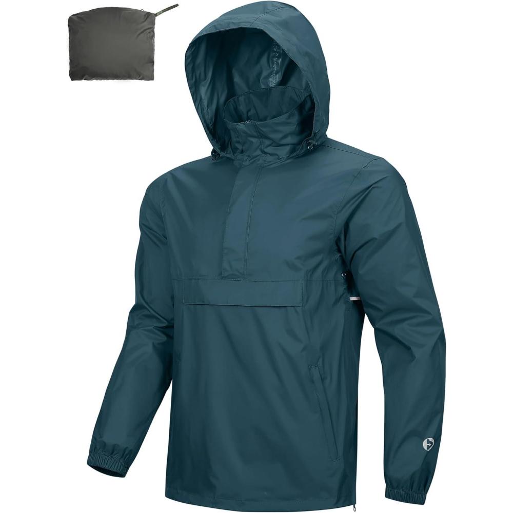 Outdoor Ventures Men’s Rain Jacket Waterproof Lightweight Packable Rain Pullover for Hiking Golf Running(Night Blue)