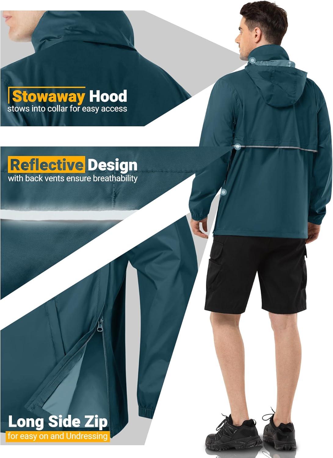 Outdoor Ventures Men’s Rain Jacket Waterproof Lightweight Packable Rain Pullover for Hiking Golf Running(Night Blue)