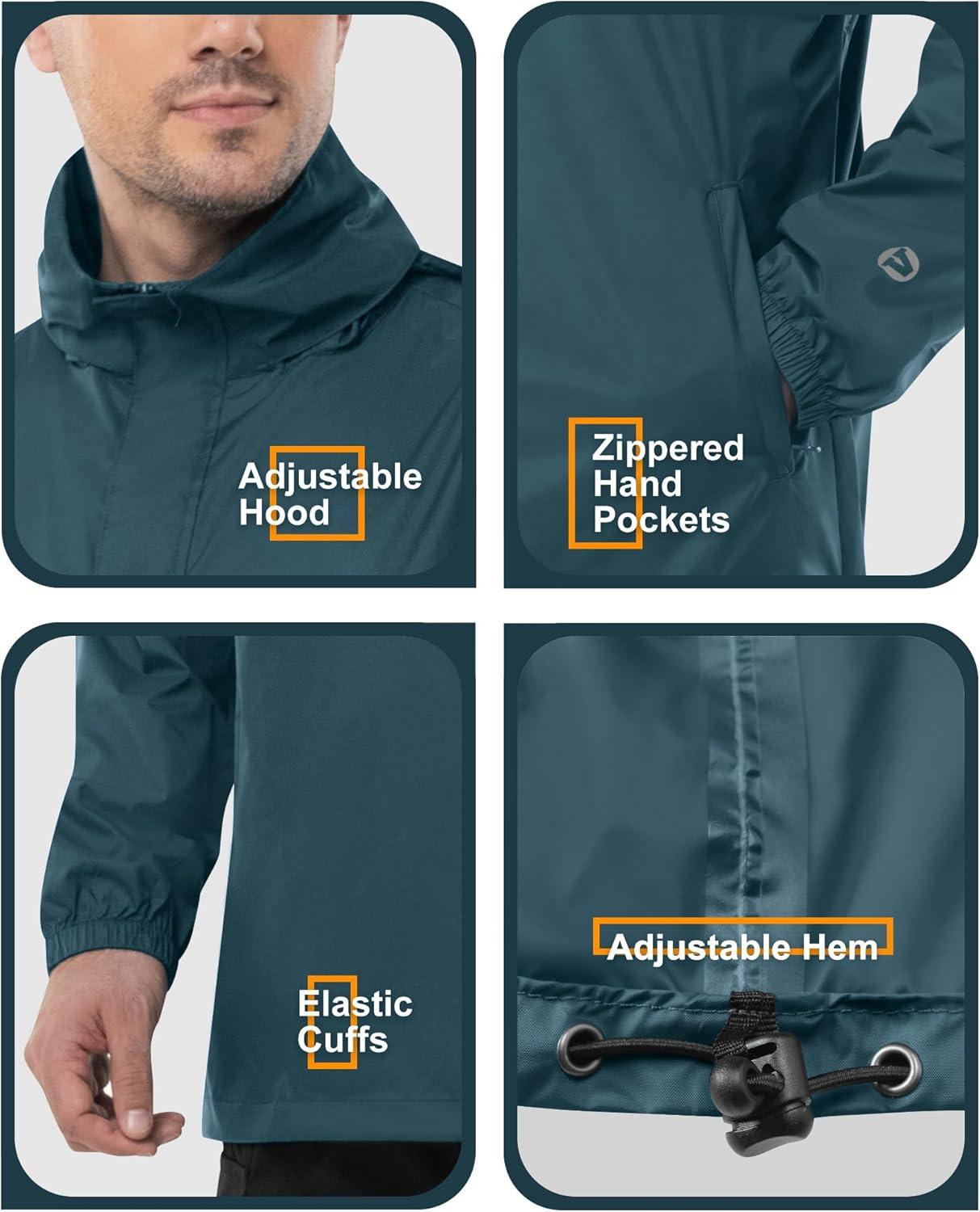 Outdoor Ventures Men’s Rain Jacket Waterproof Lightweight Packable Rain Pullover for Hiking Golf Running(Night Blue)