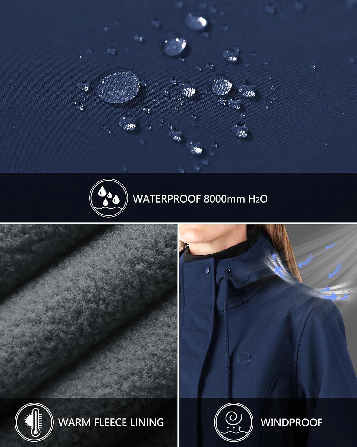 Outdoor Ventures Women’s Lightweight Waterproof Fleece Lined Hooded Softshell Rain Jacket, Warm Windbreaker Long Coat(Dark Blue)
