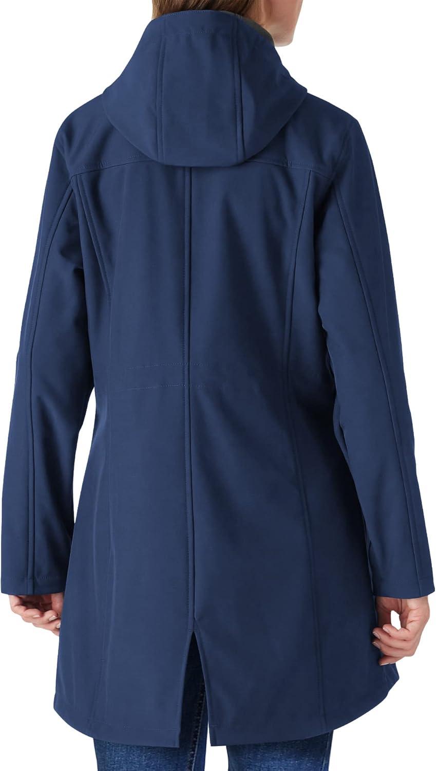 Outdoor Ventures Women’s Lightweight Waterproof Fleece Lined Hooded Softshell Rain Jacket, Warm Windbreaker Long Coat(Dark Blue)