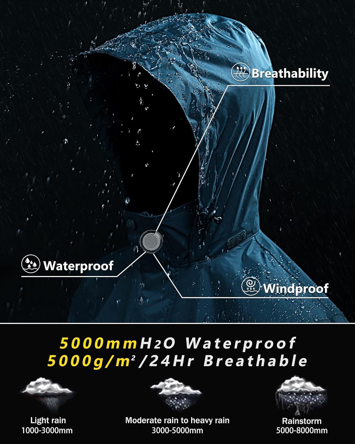 Outdoor Ventures Men’s Rain Jacket Waterproof Lightweight Packable Rain Shell Raincoat with Hood for Golf Hiking Travel(Night Blue)