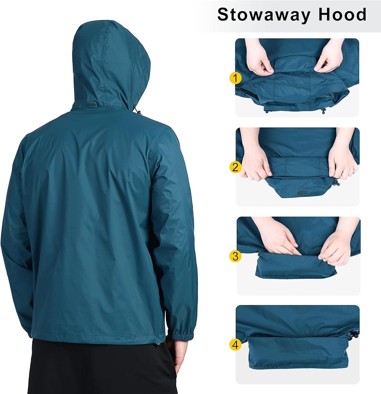 Outdoor Ventures Men’s Rain Jacket Waterproof Lightweight Packable Rain Shell Raincoat with Hood for Golf Hiking Travel(Night Blue)