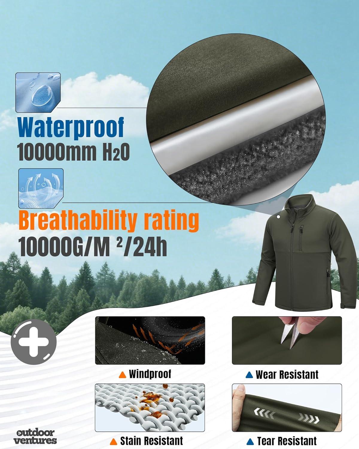 Outdoor Ventures Men’s Softshell Jacket Waterproof Fleece Lined Rain Shell Jacket Lightweight Windbreaker for Hiking Travel(Olive)