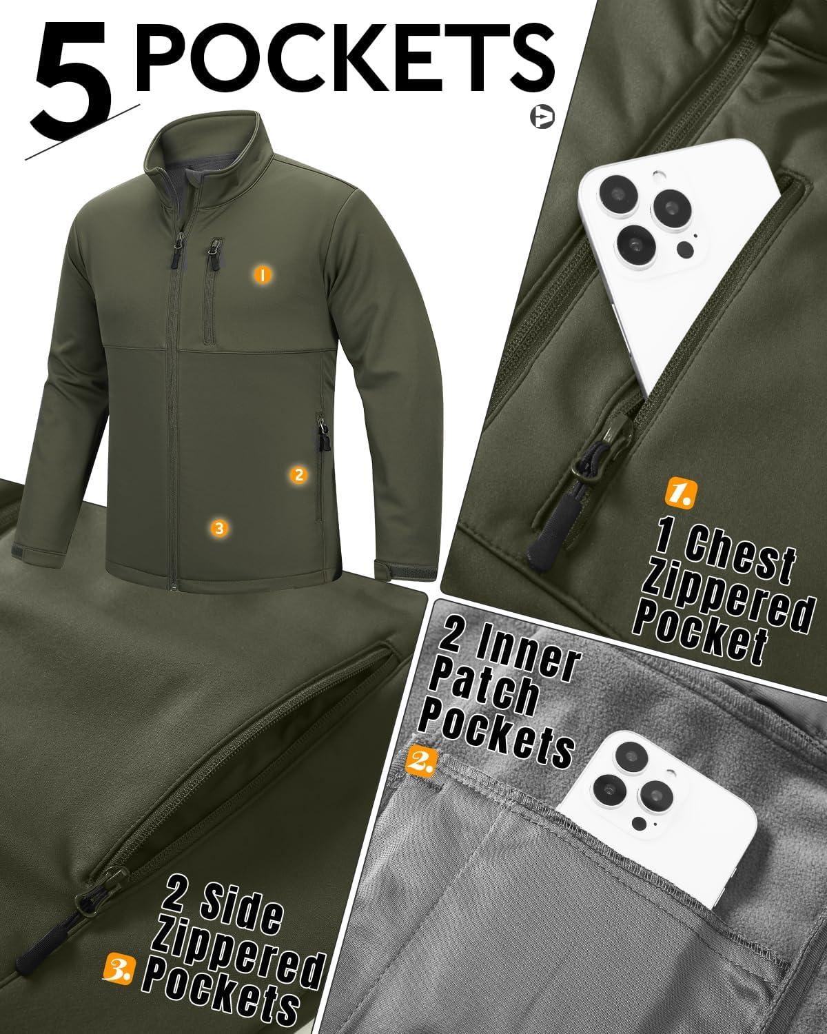 Outdoor Ventures Men’s Softshell Jacket Waterproof Fleece Lined Rain Shell Jacket Lightweight Windbreaker for Hiking Travel(Olive)