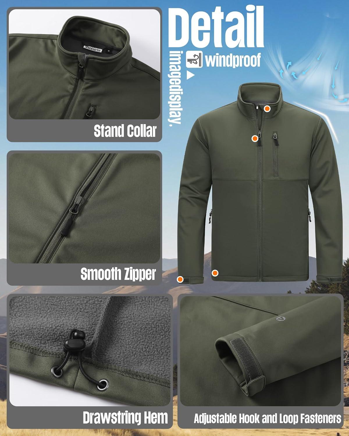 Outdoor Ventures Men’s Softshell Jacket Waterproof Fleece Lined Rain Shell Jacket Lightweight Windbreaker for Hiking Travel(Olive)