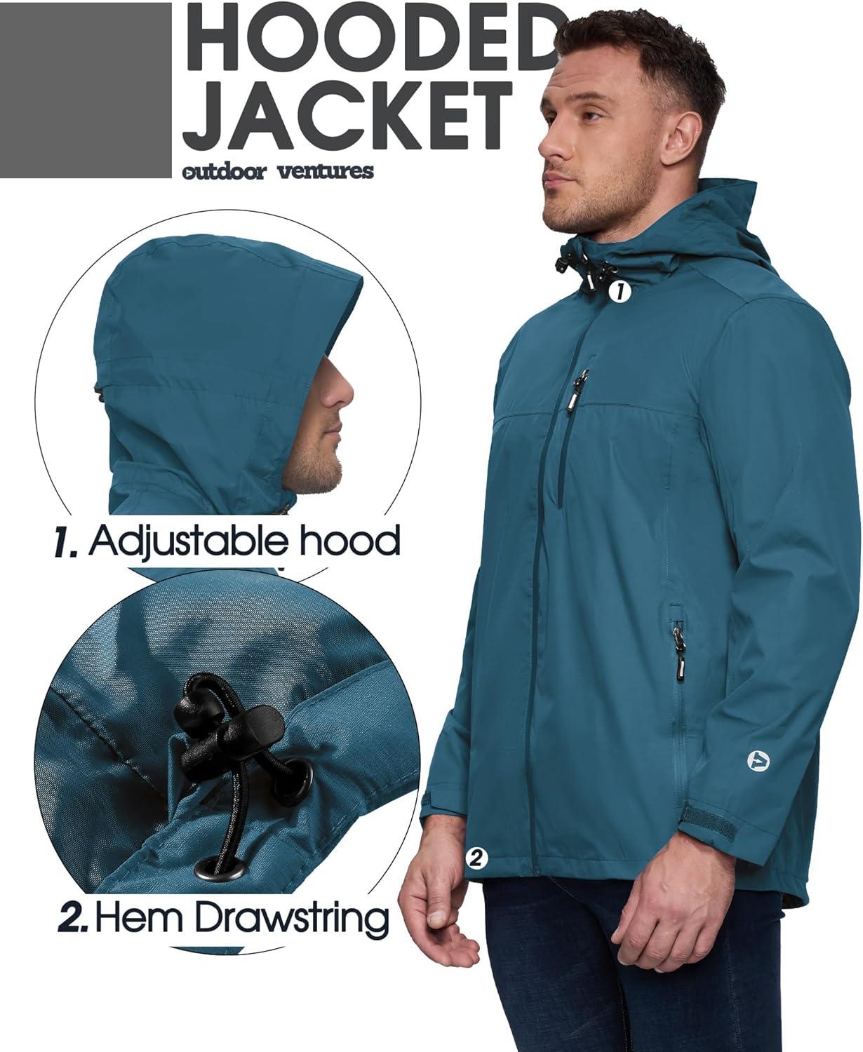 Outdoor Ventures Men’s Packable Rain Jacket Waterproof Lightweight Raincoat with Hood Windproof Cycling Jackets(China Blue)