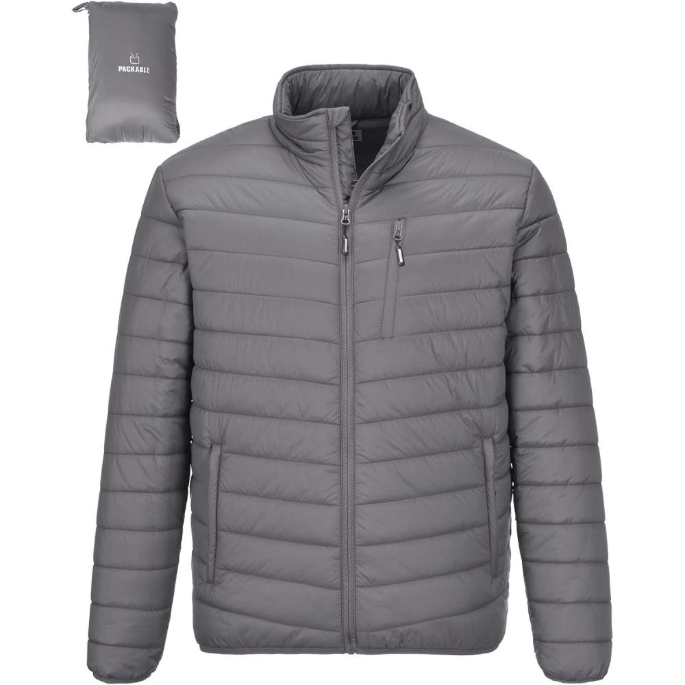Outdoor Ventures Men’s Lightweight Packable Puffer Winter Jacket Insulated Puffy Coat for Snow Ski Hiking Travel(Grey(fold in Pocket))