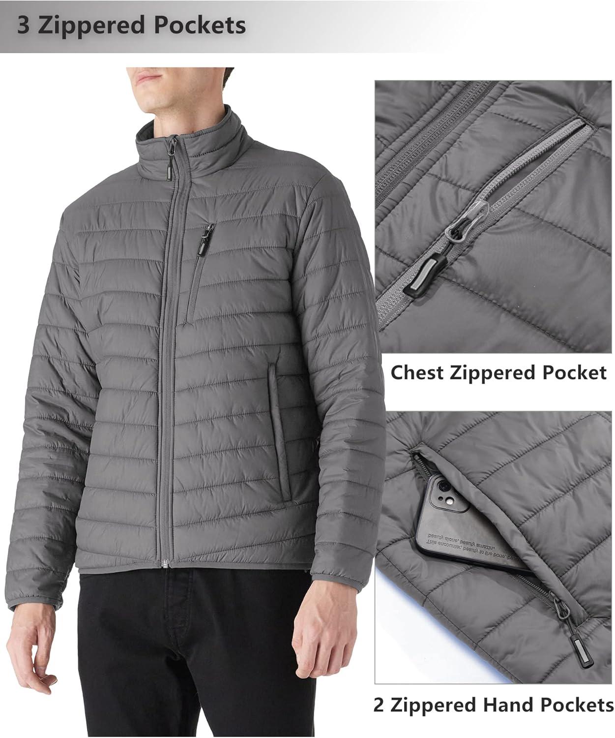 Outdoor Ventures Men’s Lightweight Packable Puffer Winter Jacket Insulated Puffy Coat for Snow Ski Hiking Travel(Grey(fold in Pocket))