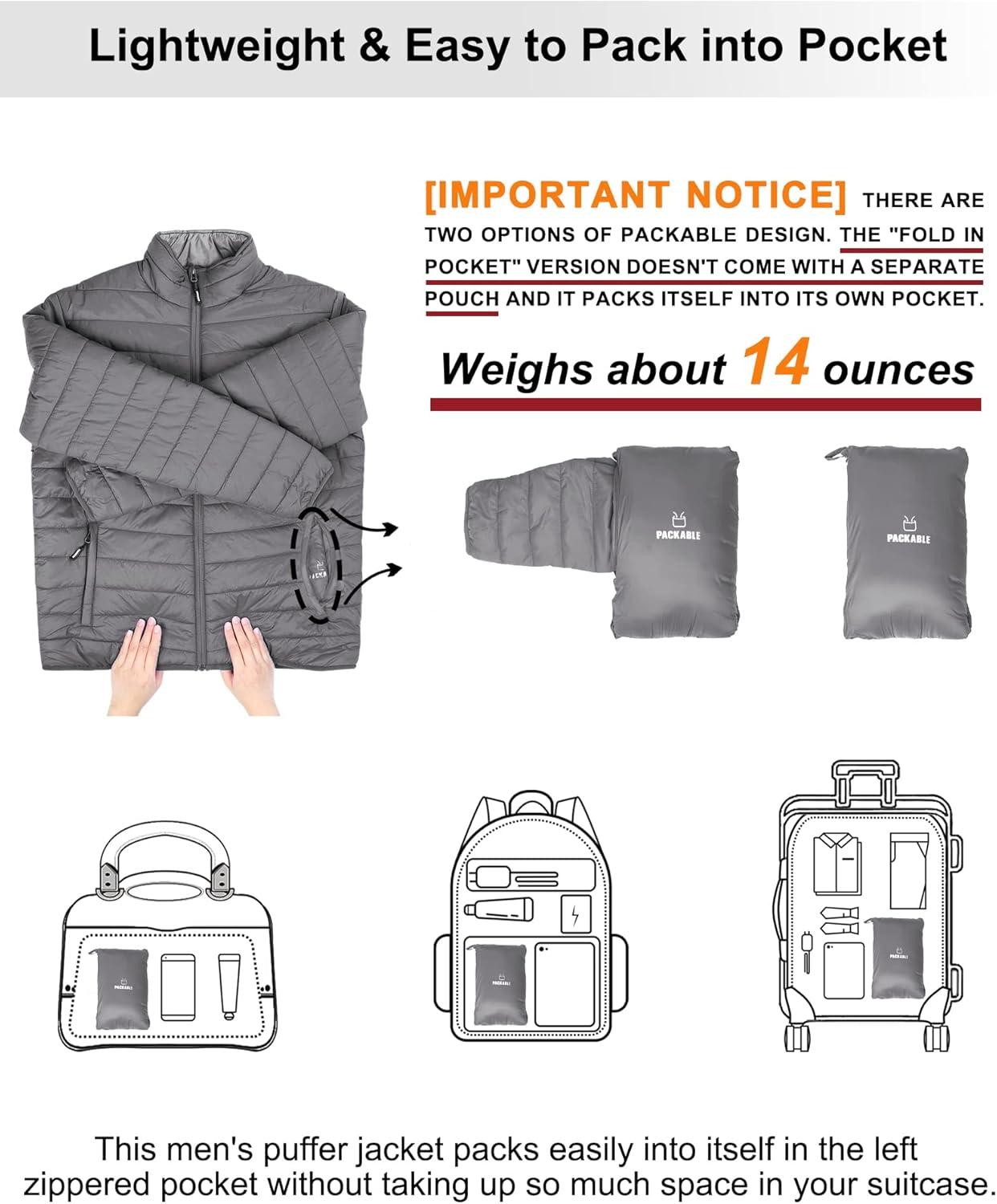 Outdoor Ventures Men’s Lightweight Packable Puffer Winter Jacket Insulated Puffy Coat for Snow Ski Hiking Travel(Grey(fold in Pocket))