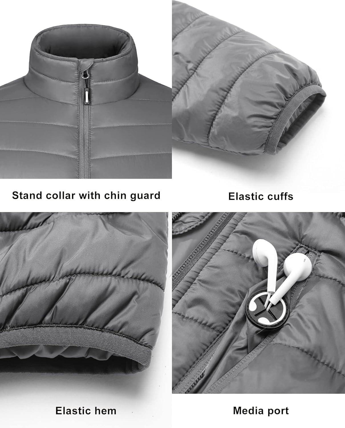 Outdoor Ventures Men’s Lightweight Packable Puffer Winter Jacket Insulated Puffy Coat for Snow Ski Hiking Travel(Grey(fold in Pocket))