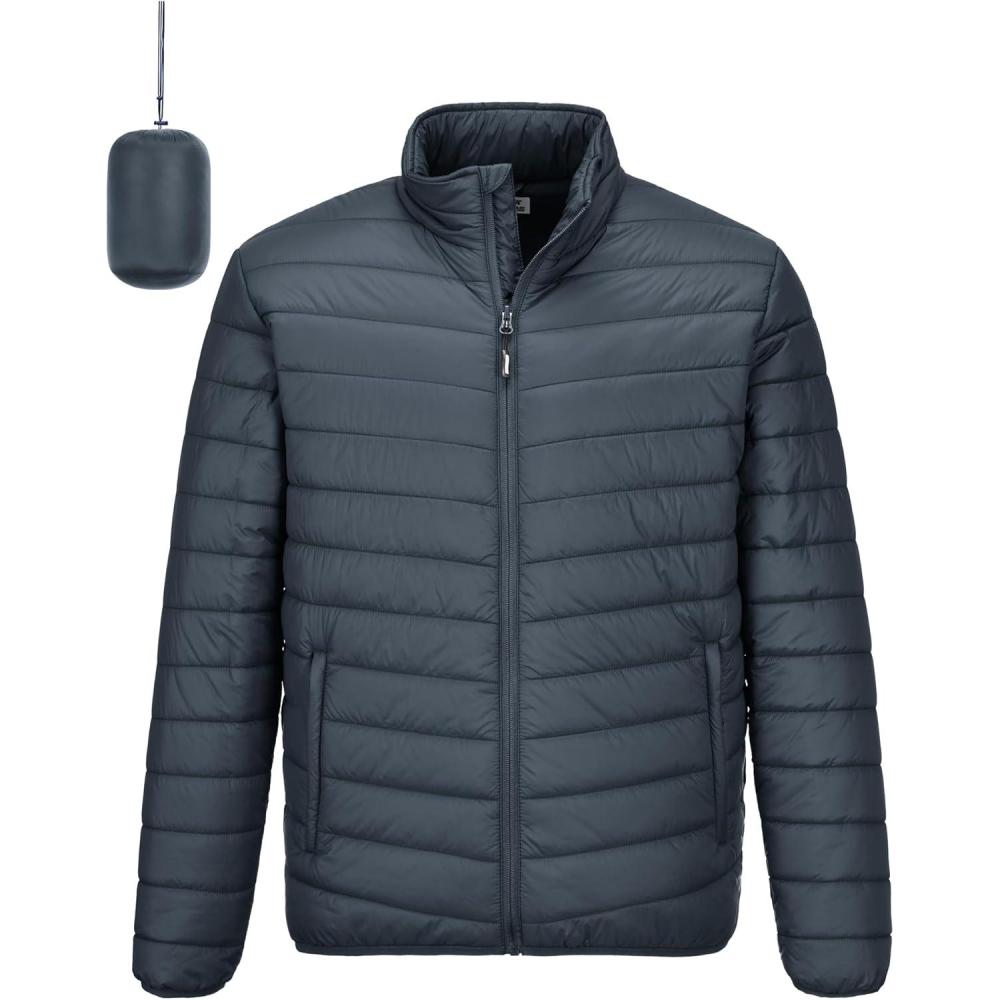 Outdoor Ventures Men’s Lightweight Packable Puffer Winter Jacket Insulated Puffy Coat for Snow Ski Hiking Travel(Dark Grey(fold in Pocket Or Bag))