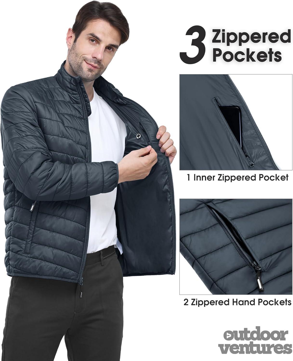 Outdoor Ventures Men’s Lightweight Packable Puffer Winter Jacket Insulated Puffy Coat for Snow Ski Hiking Travel(Dark Grey(fold in Pocket Or Bag))