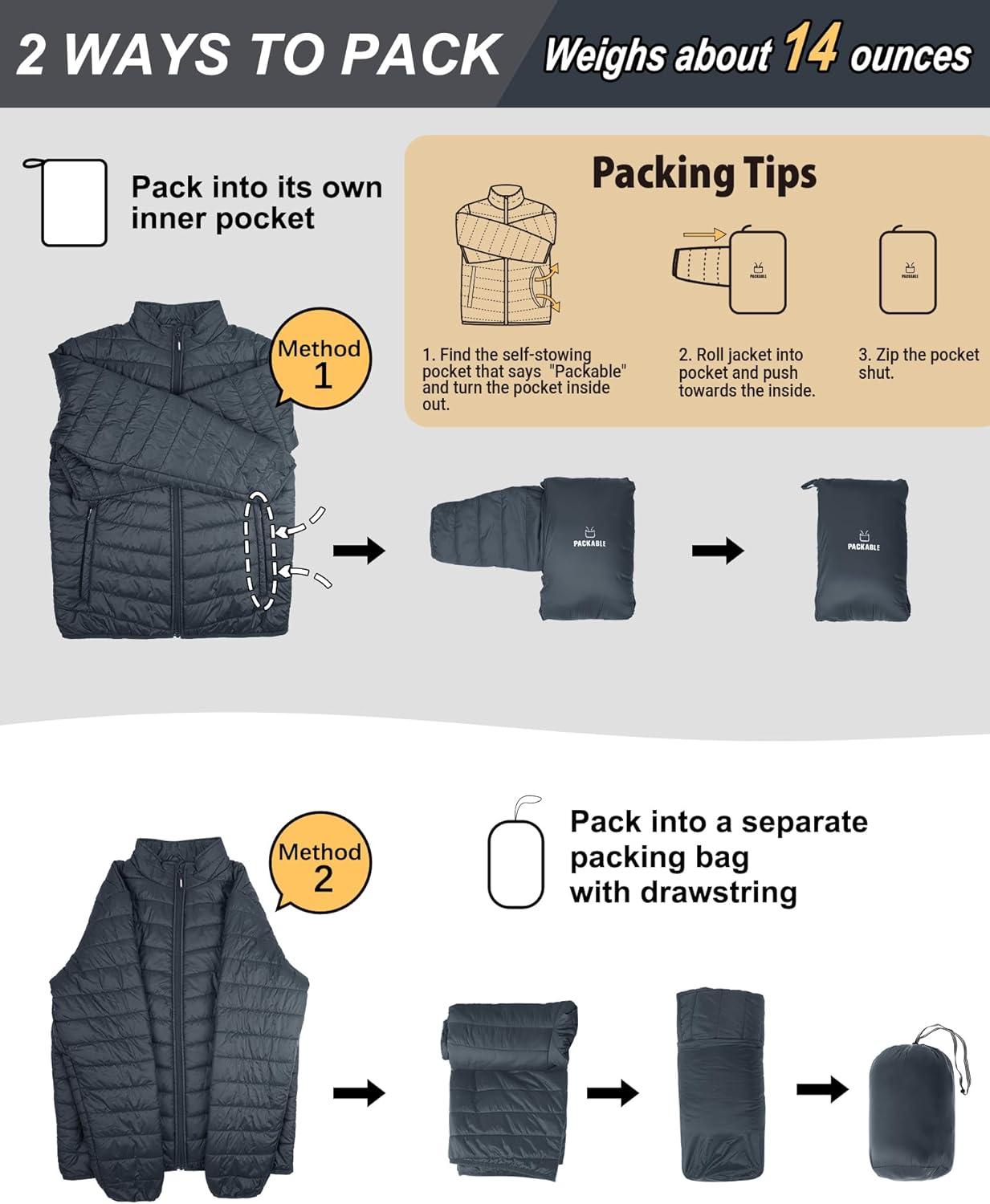 Outdoor Ventures Men’s Lightweight Packable Puffer Winter Jacket Insulated Puffy Coat for Snow Ski Hiking Travel(Dark Grey(fold in Pocket Or Bag))