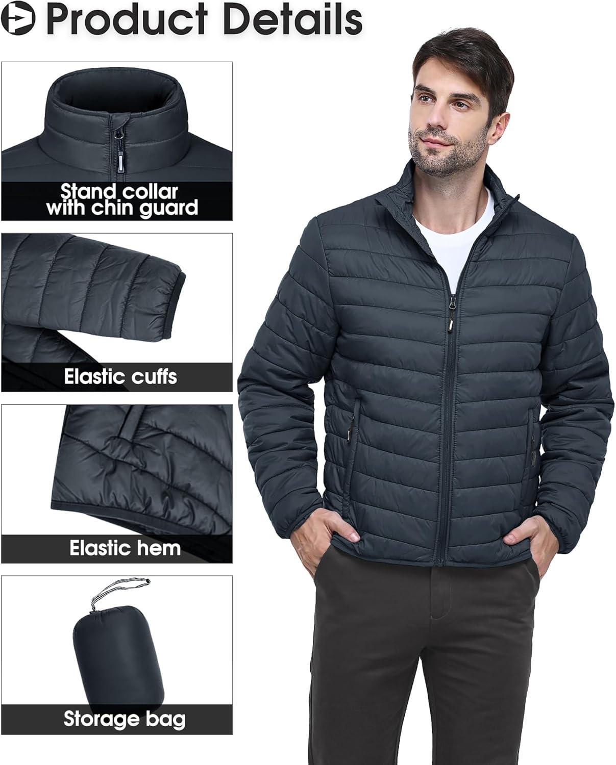Outdoor Ventures Men’s Lightweight Packable Puffer Winter Jacket Insulated Puffy Coat for Snow Ski Hiking Travel(Dark Grey(fold in Pocket Or Bag))