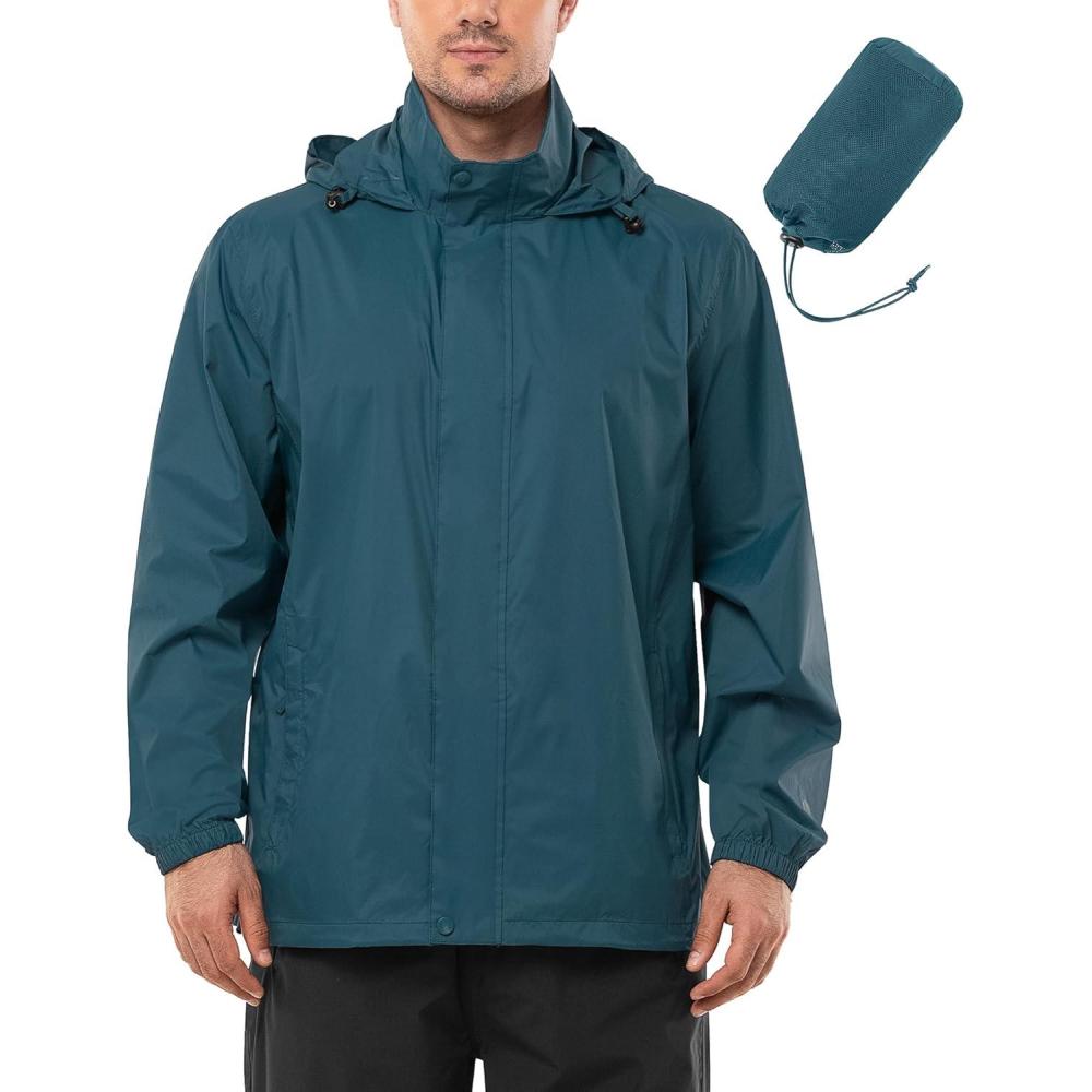 Outdoor Ventures Men’s Rain Jacket Waterproof Lightweight Packable Rain Shell Raincoat with Hood for Golf Hiking Travel(Dark Cyan)