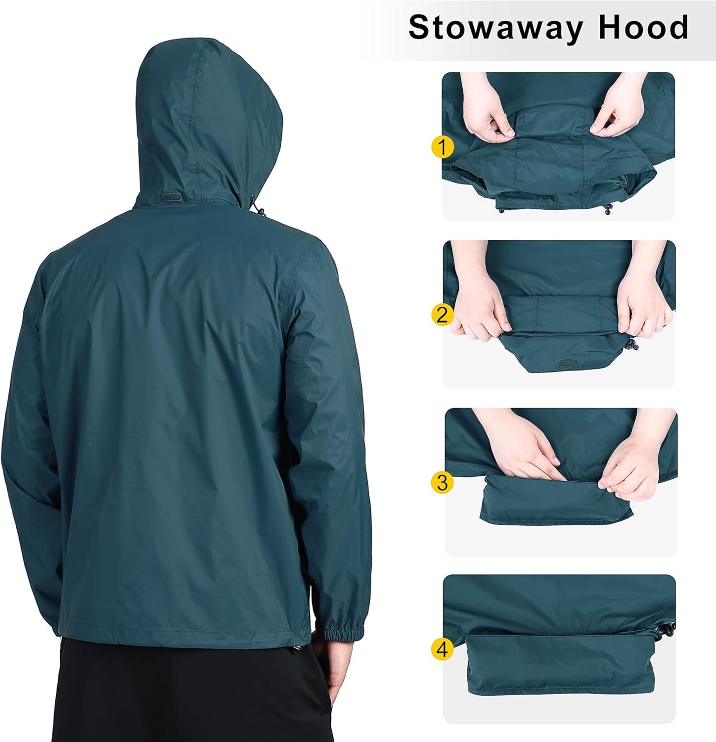 Outdoor Ventures Men’s Rain Jacket Waterproof Lightweight Packable Rain Shell Raincoat with Hood for Golf Hiking Travel(Dark Cyan)