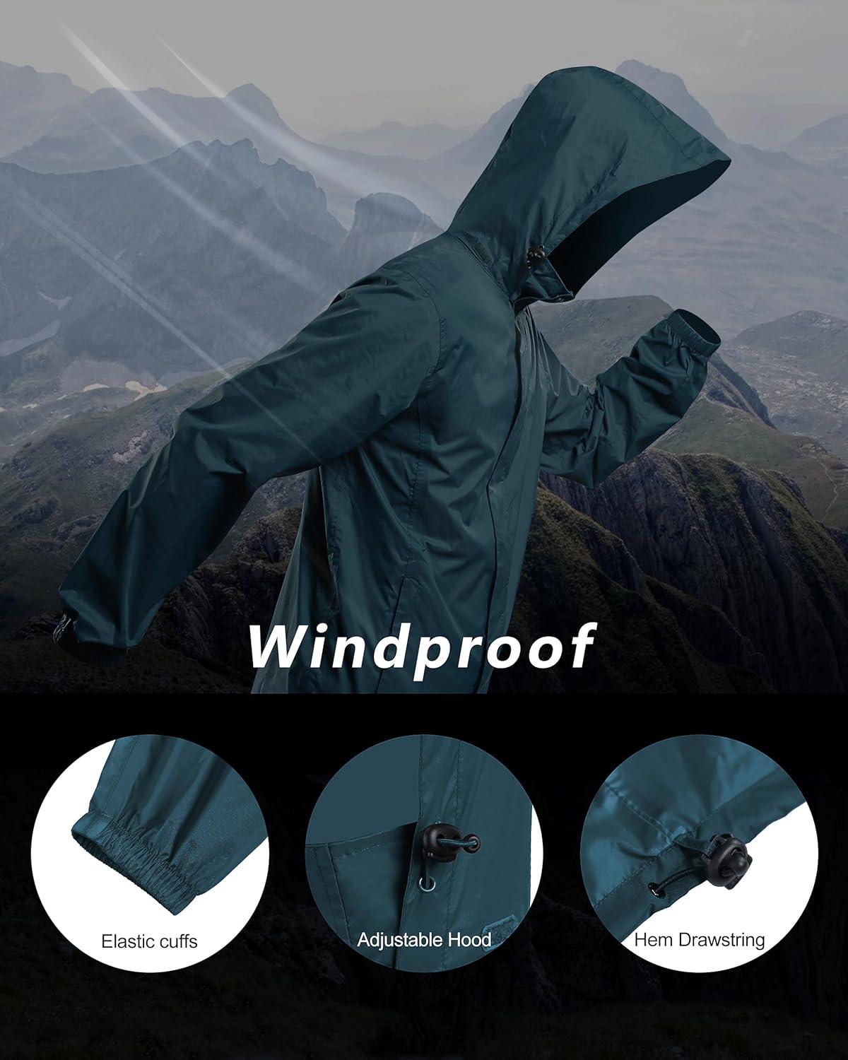 Outdoor Ventures Men’s Rain Jacket Waterproof Lightweight Packable Rain Shell Raincoat with Hood for Golf Hiking Travel(Dark Cyan)