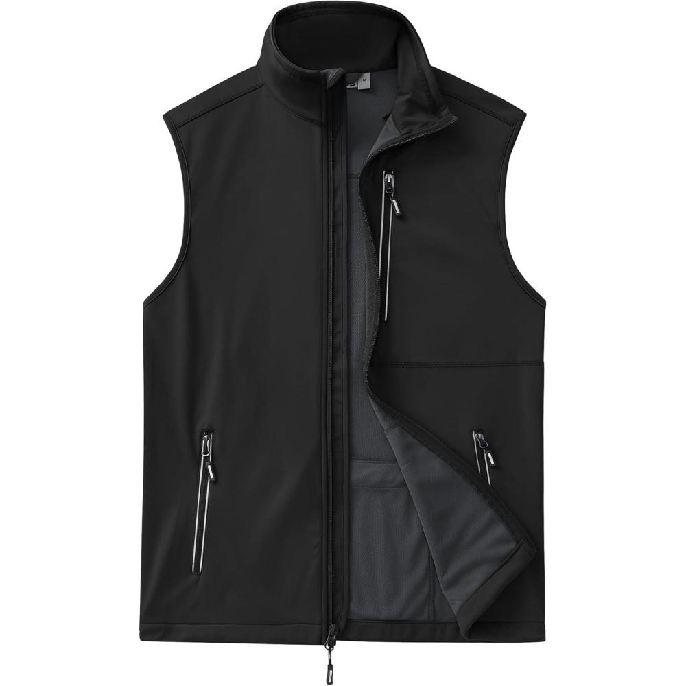 Outdoor Ventures Men’s Windproof Softshell Vest Outerwear Lightweight Sleeveless Jacket for Running Golf Hiking Travel(Black)
