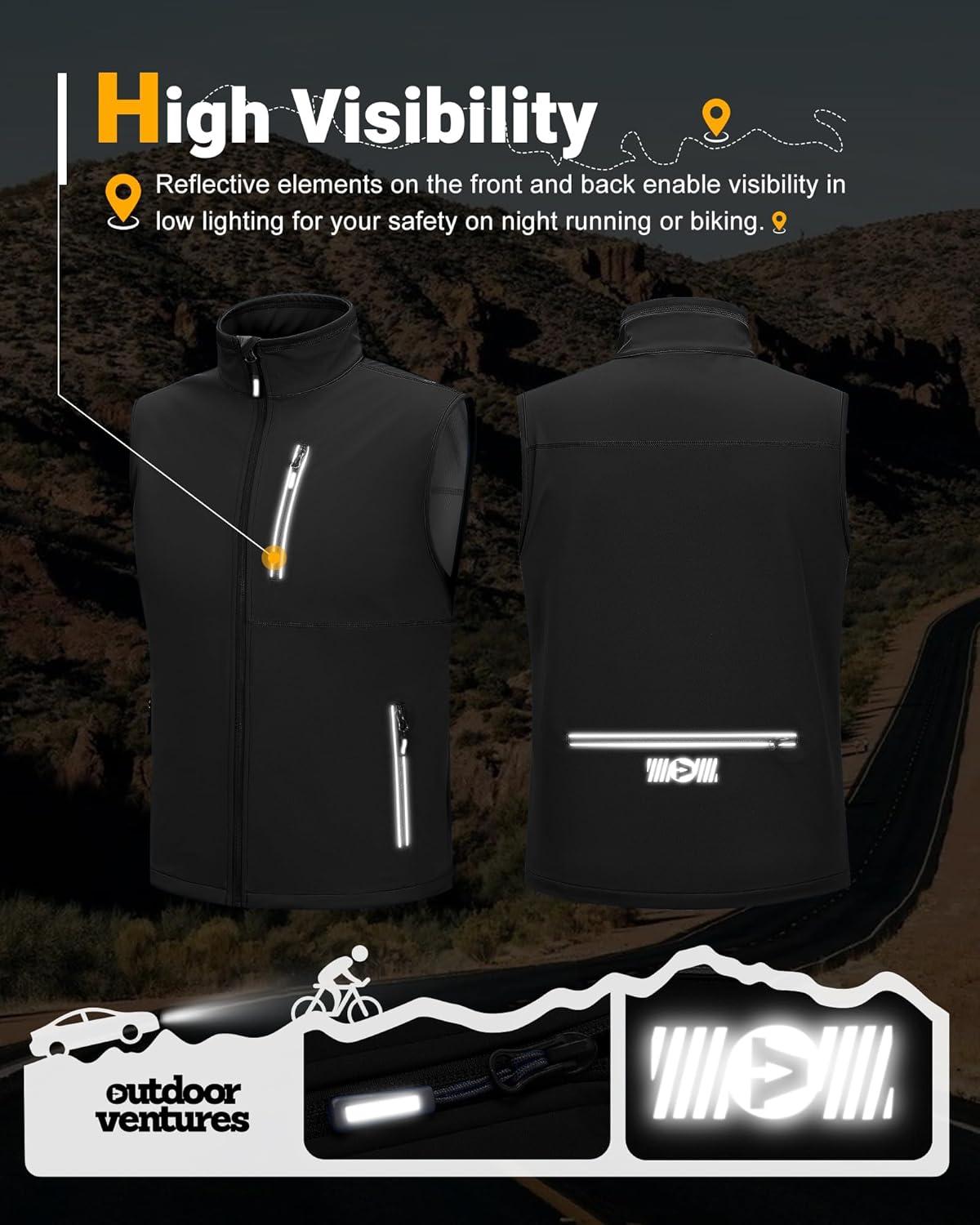 Outdoor Ventures Men’s Windproof Softshell Vest Outerwear Lightweight Sleeveless Jacket for Running Golf Hiking Travel(Black)