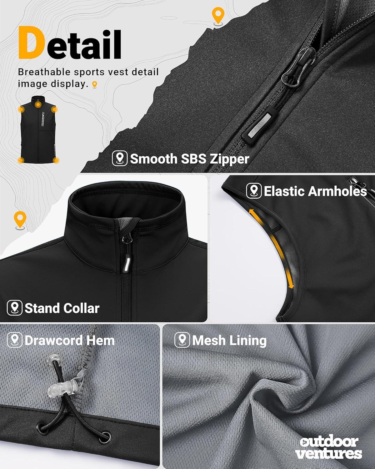 Outdoor Ventures Men’s Windproof Softshell Vest Outerwear Lightweight Sleeveless Jacket for Running Golf Hiking Travel(Black)