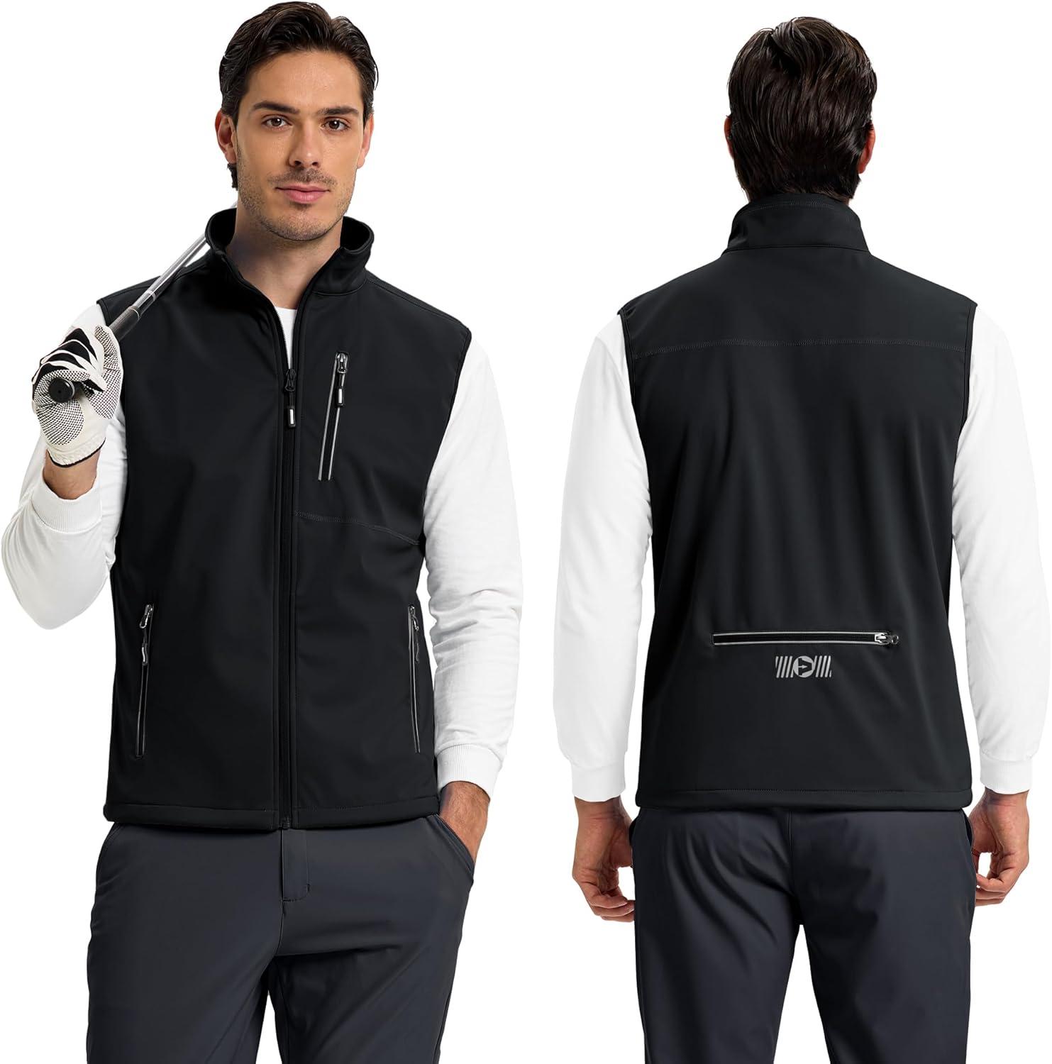 Outdoor Ventures Men’s Windproof Softshell Vest Outerwear Lightweight Sleeveless Jacket for Running Golf Hiking Travel(Black)
