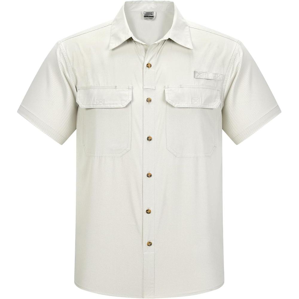 Outdoor Ventures Men’s Lightweight Short Sleeve Fishing Shirt UPF 50 Button Down Quick Dry Cooling Hiking Travel Safari Shirt(Beige)