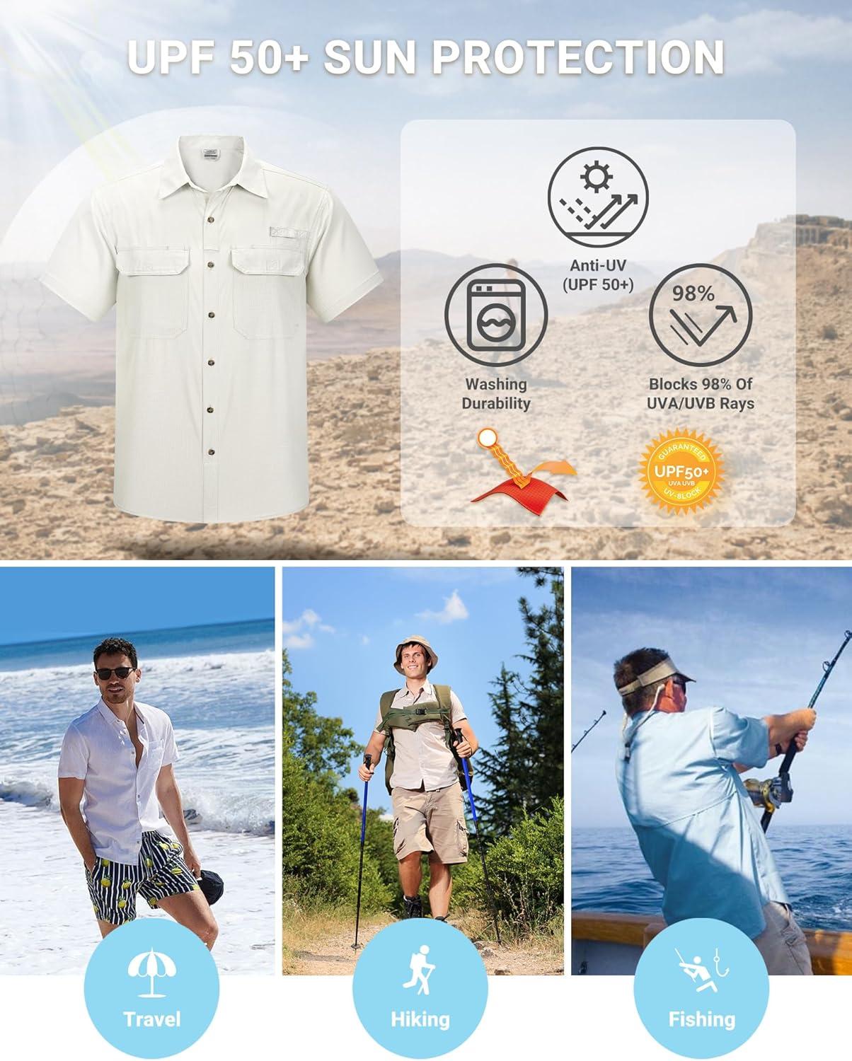 Outdoor Ventures Men’s Lightweight Short Sleeve Fishing Shirt UPF 50 Button Down Quick Dry Cooling Hiking Travel Safari Shirt(Beige)