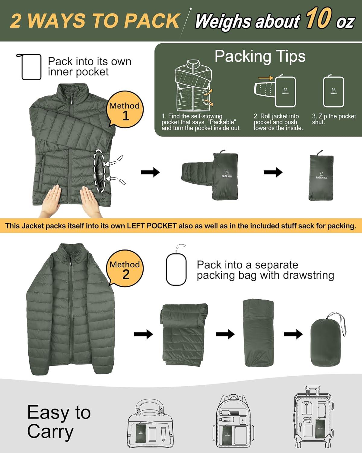 Outdoor Ventures Women’s Packable Full-Zip Short Puffer Jacket Insulated Quilted Warm Lightweight Winter Coat(Army Green(fold in Pocket))