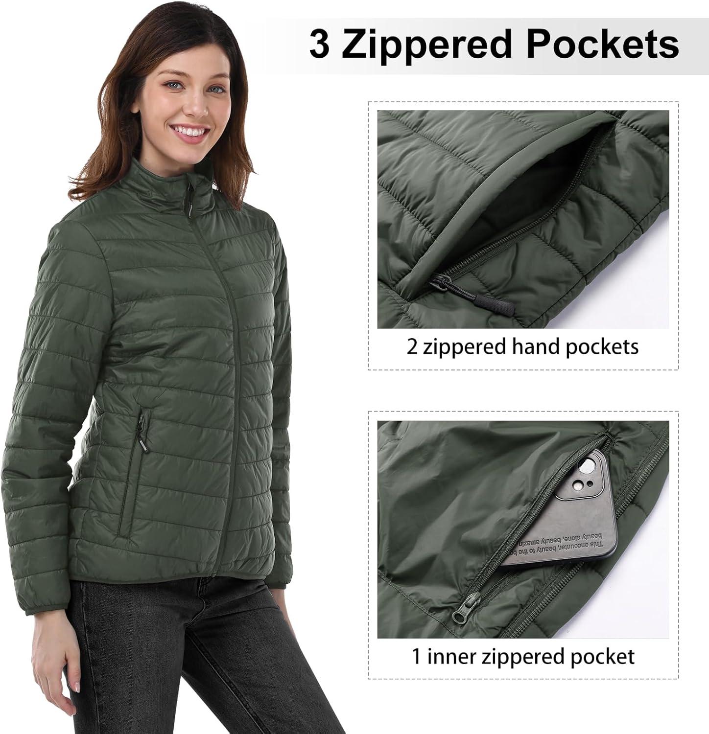 Outdoor Ventures Women’s Packable Full-Zip Short Puffer Jacket Insulated Quilted Warm Lightweight Winter Coat(Army Green(fold in Pocket))