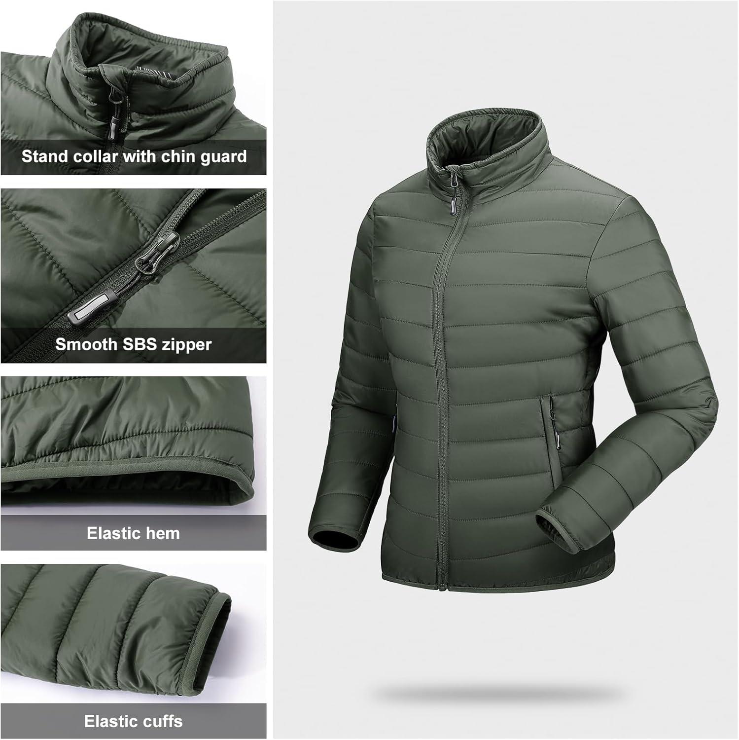 Outdoor Ventures Women’s Packable Full-Zip Short Puffer Jacket Insulated Quilted Warm Lightweight Winter Coat(Army Green(fold in Pocket))