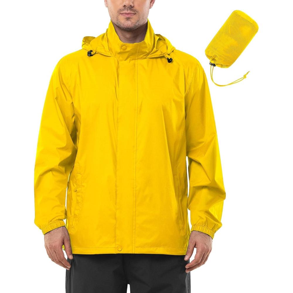 Outdoor Ventures Men’s Rain Jacket Waterproof Lightweight Packable Rain Shell Raincoat with Hood for Golf Hiking Travel(Yellow)